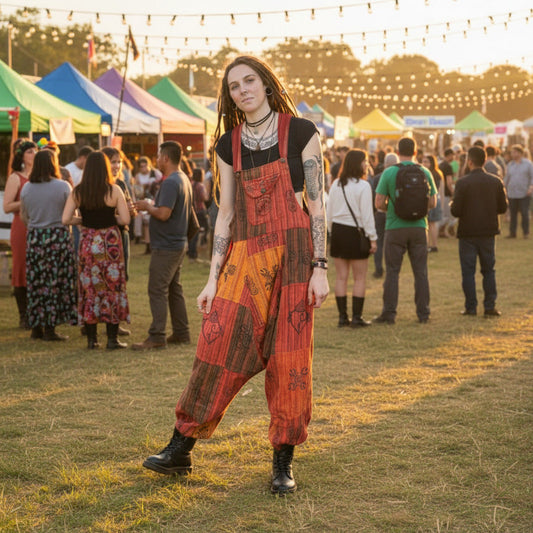 Red Festival Hippie Aladdin Patchwork Overalls from Nepal-Hand Picked Imports