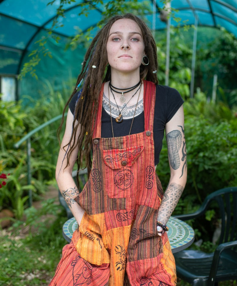 Red Festival Hippie Aladdin Patchwork Overalls from Nepal-Hand Picked Imports