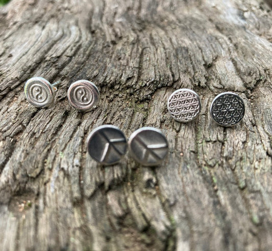 Karen Hill Tribe Sterling Silver Flower of Life, Ying Yang, and Peace Sign Stud Earrings-Hand Picked Imports