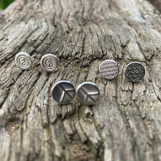 Karen Hill Tribe Sterling Silver Flower of Life, Ying Yang, and Peace Sign Stud Earrings-Hand Picked Imports