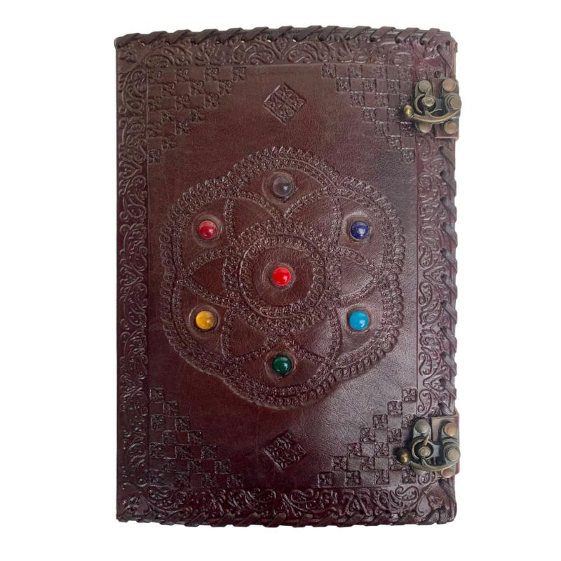 Large Medieval Embossed Leather Journal Handmade Paper with Chakra Stones-Hand Picked Imports