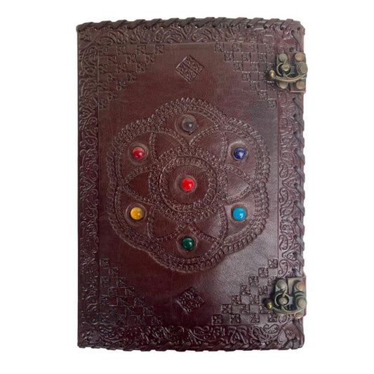 Large Medieval Embossed Leather Journal Handmade Paper with Chakra Stones-Hand Picked Imports