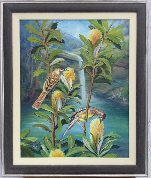 Original Hand Painted Wattle Birds Framed Canvas Painting 64cm H X 53cm W-Hand Picked Imports