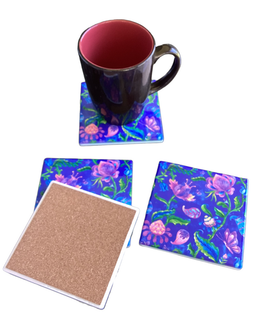 Set of 4 Ceramic Flower Coasters Size: 10.5cm x10.5cm-Hand Picked Imports