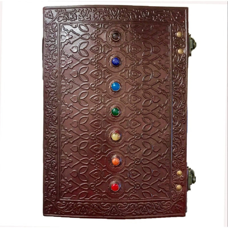 Large Medieval Embossed Leather Journal with Seven Chakra Stones-Hand Picked Imports